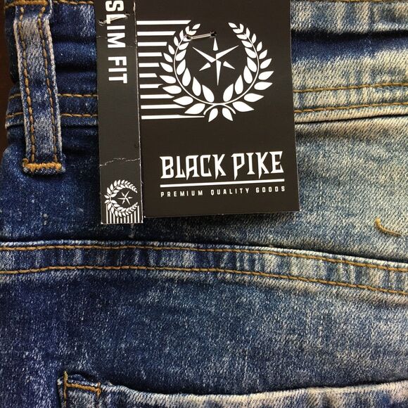 NWT BLACK PIKE LEGEND Embroidered Distressed Biker Stretch Slim Denim Jean 30X32 - Picture 11 of 13